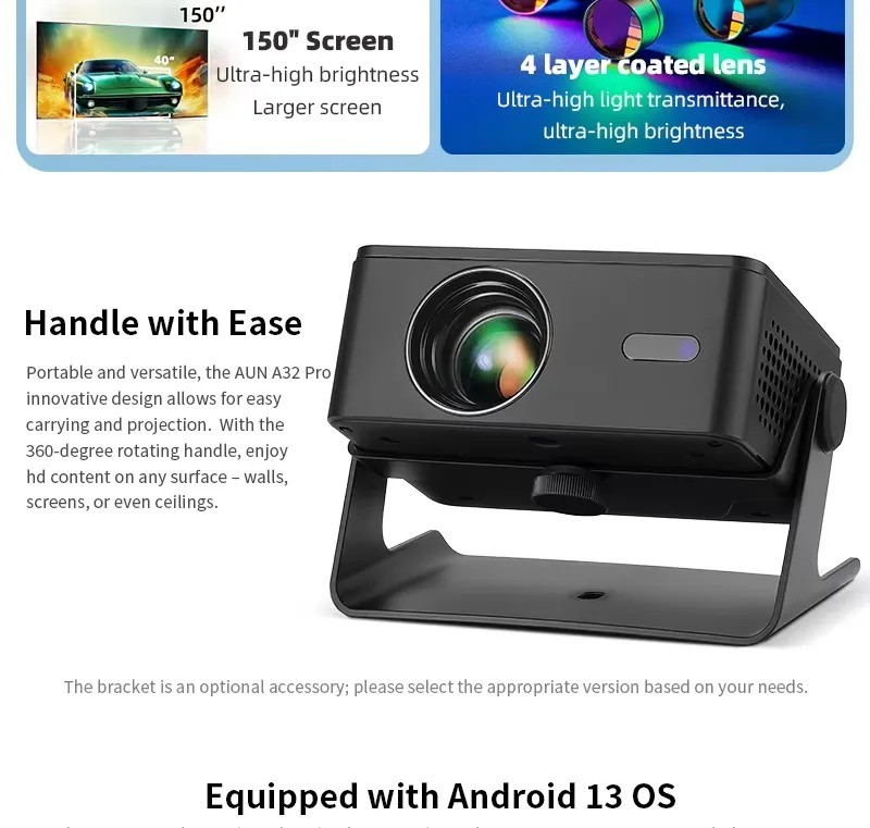 AUN A32 Pro HD Portable Android 13 WiFi Projector